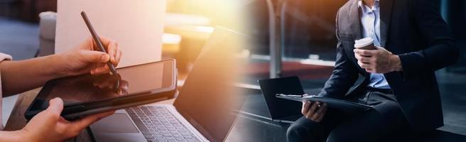 Businessman using mobile smart phone. Business global internet connection application technology and digital marketing, Financial and banking, Digital link tech, big data. photo
