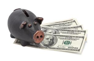 Money and black piggy bank photo