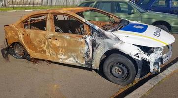 Burnt out police car. Vandalism, burned car. Car after the fire. Auto trash. Destroyed patrol car of the Ukrainian national police. Translation - Police, Ukraine, Kyiv - October 9, 2022. photo