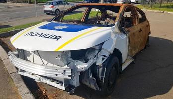 Burnt out police car. Vandalism, burned car. Car after the fire. Auto trash. Destroyed patrol car of the Ukrainian national police. Translation - Police, Ukraine, Kyiv - October 9, 2022. photo