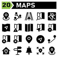 El icono de mapas incluye el marcador de ubicación del mapa, la navegación, la ruta, los mapas, la dirección, el conjunto de iconos de carreteras incluyen. vector