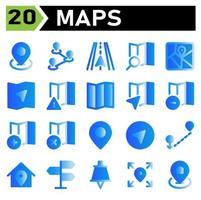 El icono de mapas incluye el marcador de ubicación del mapa, la navegación, la ruta, los mapas, la dirección, el conjunto de iconos de carreteras incluyen. vector