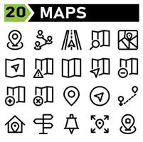 El icono de mapas incluye el marcador de ubicación del mapa, la navegación, la ruta, los mapas, la dirección, el conjunto de iconos de carreteras incluyen. vector