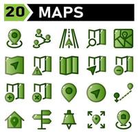 El icono de mapas incluye el marcador de ubicación del mapa, la navegación, la ruta, los mapas, la dirección, el conjunto de iconos de carreteras incluyen. vector