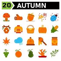 Autumn icon set include mushroom fall plant lumber piece of wood trunk chestnut nut peanut umbrella air bugs bug insect beehive bee honey sweater warm basket holiday thanksgiving pumpkin vegetable vector