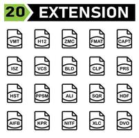 El icono de extensión de archivo incluye vmt, h12, zmc, fmat, capt, i5z, vcs, bld, clp, prs, hst, ppsm, ali, sqr, hdf, aifb, kpr, nitf, xlc, dvo, archivo, formato, extensión, documento, firmar, vector