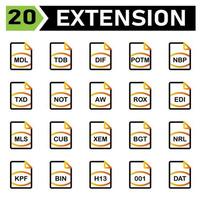 file extension icon include  mdl, tdb, dif, potm, nbp, txd, not, aw, rox, edi, mls, cub, xem, bgt, nrl, kpf, bin, h13, 001, dat, file, document, extension, icon, type, set, format, vector, symbol vector