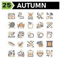 Autumn icon set include calendar autumn fall event date windmill building housekeeping broom shovel spade pine nature cone grain wheat season apple fruit fork garden autumn scarf thanksgiving chicken vector