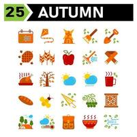 Autumn icon set include calendar autumn fall event date windmill building housekeeping broom shovel spade pine nature cone grain wheat season apple fruit fork garden autumn scarf thanksgiving chicken vector