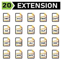 El icono de extensión de archivo incluye vmt, h12, zmc, fmat, capt, i5z, vcs, bld, clp, prs, hst, ppsm, ali, sqr, hdf, aifb, kpr, nitf, xlc, dvo, archivo, formato, extensión, documento, firmar, vector