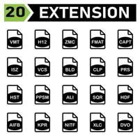 El icono de extensión de archivo incluye vmt, h12, zmc, fmat, capt, i5z, vcs, bld, clp, prs, hst, ppsm, ali, sqr, hdf, aifb, kpr, nitf, xlc, dvo, archivo, formato, extensión, documento, firmar, vector