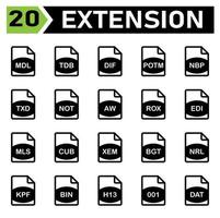 El ícono de extensión de archivo incluye mdl, tdb, dif, potm, nbp, txd, not, aw, rox, edi, mls, cub, xem, bgt, nrl, kpf, bin, h13, 001, dat, archivo, documento, extensión, icono, tipo, conjunto, formato, vector, símbolo vector