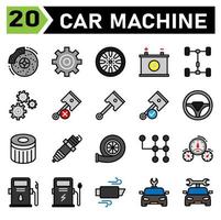 car machine icon set include brake, disc, brakes, automobile, service, gear, part, setting, cog, cog wheel, wheel, tires, car, assembling, tire, machine, battery, accumulator, repair, piston, forces vector