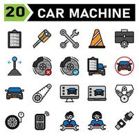 car machine icon set include car service, list, mechanic, repair, automobile, key, machine, motor, keys, lock, secure, toolkit, wrench, tools, service, cone, traffic, sign, workshop, gear, stick, car vector