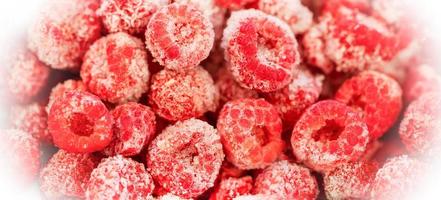 Frozen organic raspberry in white frosty frame close up. View from above. Banner. photo