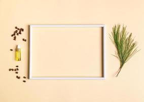 White empty frame and small glass bottle with coniferous spa aromatic essential cedar oil, branch, nuts around it. photo