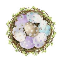 Watercolor hand drawn Easter celebration clipart. Nest wreath with painted eggs, leaves, flowers, pastel color. Isolated on white background. For invitations, gifts, greeting cards, print, textile vector