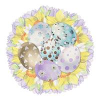 Watercolor hand drawn Easter celebration clipart. Nest wreath with painted eggs, leaves, flowers, pastel color. Isolated on white background. For invitations, gifts, greeting cards, print, textile vector
