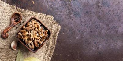 agáricos de miel de champiñones en escabeche en un tazón de cerámica y especias en una servilleta de arpillera en una vieja bandeja para hornear de metal oxidado. bandera. foto