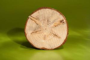 One pine saw cut with bark is standing on rib on green background. photo