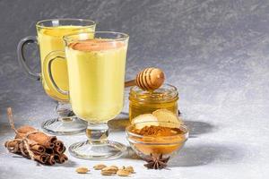 Two glasses for mulled wine with golden milk with ingredients on light grey background. photo