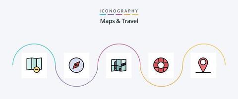 mapas y línea de viaje llenos de paquete de iconos planos 5 que incluye. ayudar. alfiler vector