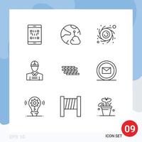 Pictogram Set of 9 Simple Outlines of firewall worker networking engineer planet Editable Vector Design Elements