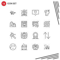 Modern Set of 16 Outlines Pictograph of power mode activate mind bulb brain love Editable Vector Design Elements