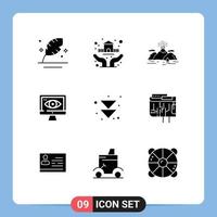 9 User Interface Solid Glyph Pack of modern Signs and Symbols of arrow security insurance computer mountain Editable Vector Design Elements