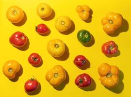 Pattern of farm tomatoes of different colors and sizes with hard shadows on bright yellow background. photo