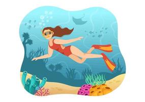 ilustración de esnórquel con natación submarina explorando el mar, arrecifes de coral o peces en el océano para la página de aterrizaje en plantillas dibujadas a mano de dibujos animados vector