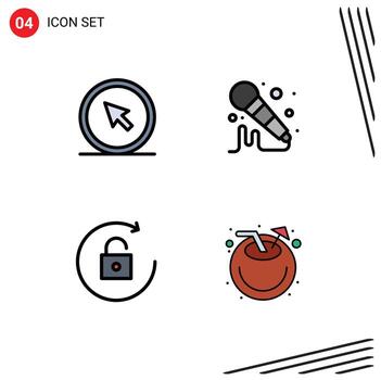 conjunto moderno de 4 colores planos y símbolos de línea de llenado, como elementos de diseño de vectores editables de playa de micrófono de punto de rotación de clic