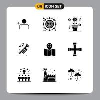 Mobile Interface Solid Glyph Set of 9 Pictograms of location noise business horn accessories Editable Vector Design Elements