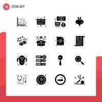Mobile Interface Solid Glyph Set of 16 Pictograms of balls vegetable presentation turnip finance Editable Vector Design Elements
