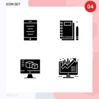 Mobile Interface Solid Glyph Set of 4 Pictograms of mobile monitor jotter stationery computing Editable Vector Design Elements