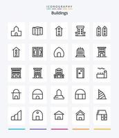 Paquete de iconos de contorno de 25 edificios creativos, como el hogar. marco. edificios de oficinas. edificios tiendas vector