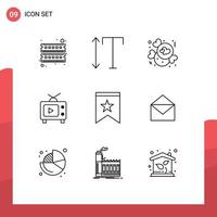 9 User Interface Outline Pack of modern Signs and Symbols of insignia badge chocolate video television Editable Vector Design Elements