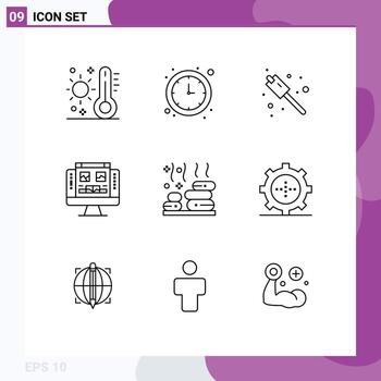 Editable Vector Line Pack of 9 Simple Outlines of spa screen time monitor gallery Editable Vector Design Elements