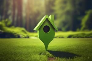 símbolo de la casa con icono de pin de ubicación en la tierra y hierba verde en venta de bienes raíces foto