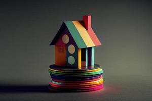 casa colorida en miniatura en monedas de pila usando como propiedad y concepto financiero foto