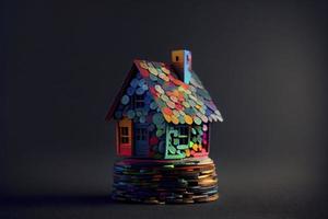 Miniature colorful house on stack coins using as property and financial concept photo