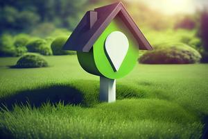 House symbol with location pin icon on earth and green grass in real estate sale photo