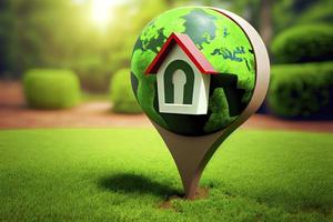 House symbol with location pin icon on earth and green grass in real estate sale photo