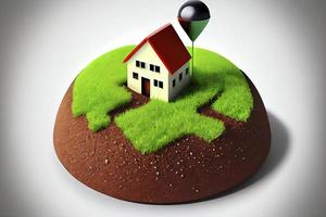 House symbol with location pin icon on round soil ground cross section with earth land photo