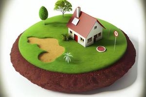 House symbol with location pin icon on round soil ground cross section with earth land photo