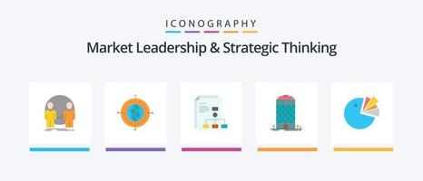 Market Leadership And Strategic Thinking Flat 5 Icon Pack Including pie. tower. connected. office. report. Creative Icons Design vector