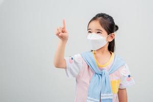 Asian little child girl wearing respirator mask to protect coronavirus outbreak and pointing hand to blank background, New virus Covid-19 photo