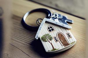 Real estate concept - Key ring and keys on white wooden background photo