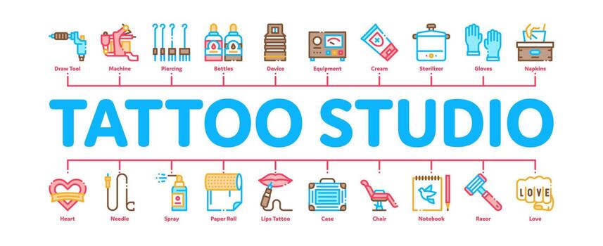 vector de banner infográfico mínimo de herramienta de estudio de tatuaje