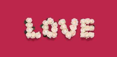 palabra amor hecha de flores de rosa vista superior sobre fondo de color magenta viva foto